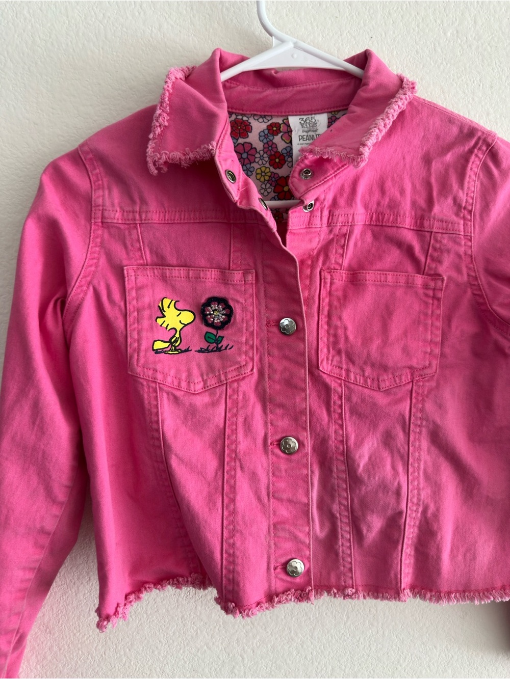 Peanuts Girls Pink Denim Jacket with Woodstock Patch